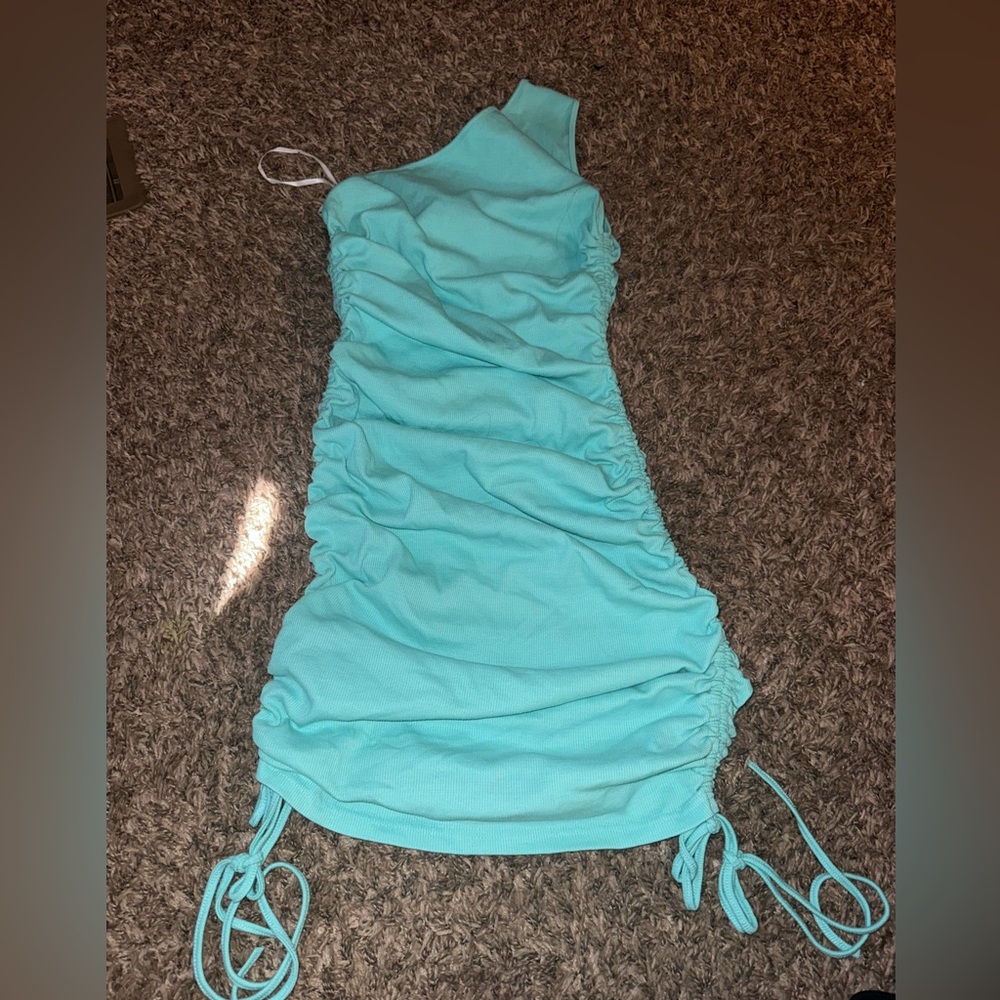 Vibrant Aqua Ruched Dress with Side Ties